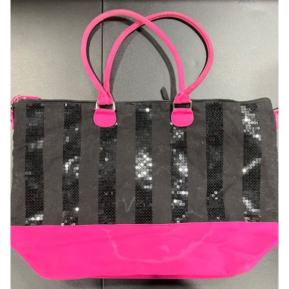 Victorias Secret Black & Pink Sequin Tote Bag Weekender Limited Edition - Picture 3 of 10